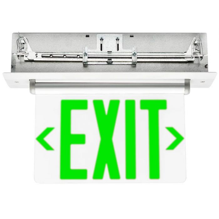 Patriot Lighting BGLE-EM-G-U Edge Lit Exit Sign, Ni-Cad Battery Backup, Green, Universal; Super-bright, long-life LEDs; Suitable for damp locations; Unique pivoting housing suitable for Ceiling, Wall, or End Mount applications; Recessed backbox kit with adjustable bar hangers included for optional recessed T-Bar or Joist mounting (PATRIOTBGLEEMGU PATRIOT BGLE-EM-G-U BATTERY GREEN UNIVERSAL)
