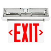 Patriot Lighting BGLE-EM-R-U Edge Lit Exit Sign, Ni-Cad Battery Backup, Red, Universal; Super-bright, long-life LEDs; Suitable for damp locations; Unique pivoting housing suitable for Ceiling, Wall, or End Mount applications; Recessed backbox kit with adjustable bar hangers included for optional recessed T-Bar or Joist mounting (PATRIOTBGLEEMRU PATRIOT BGLE-EM-R-U BATTERY RED UNIVERSAL) 