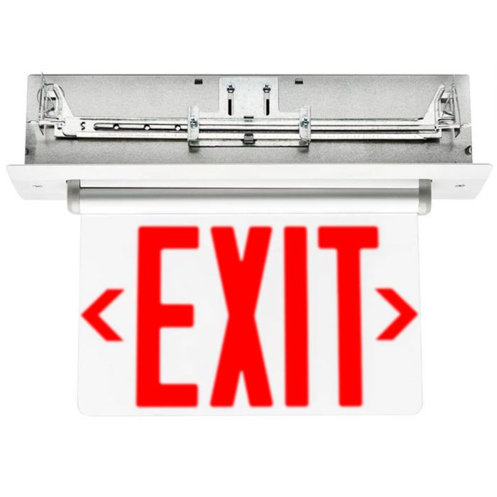 Patriot Lighting BGLE-EM-R-U Edge Lit Exit Sign, Ni-Cad Battery Backup, Red, Universal; Super-bright, long-life LEDs; Suitable for damp locations; Unique pivoting housing suitable for Ceiling, Wall, or End Mount applications; Recessed backbox kit with adjustable bar hangers included for optional recessed T-Bar or Joist mounting (PATRIOTBGLEEMRU PATRIOT BGLE-EM-R-U BATTERY RED UNIVERSAL)