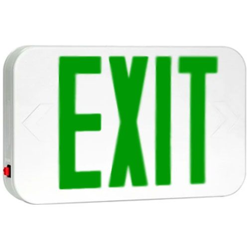 Patriot Lighting BLCE-EM-G-U-WH Thermoplastic Exit Sign, Battery Backed, Green, Double Face; Super bright, long-life LEDs; Snap-on canopy for easy installation; Energy-efficient super bright LED light source is paiGreen with a color-matched diffuser providing exceptional brightness and legend uniformity; 120/277 VAC field-selectable inputs; Dimensions: 12.7