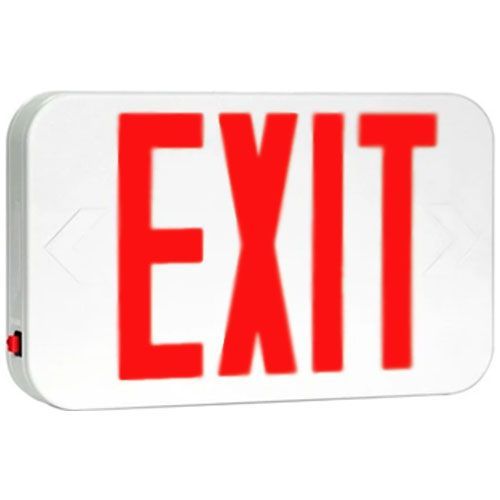Patriot Lighting BLCE-EM-R-1-WH Thermoplastic Exit Sign, Battery Backed, Red, Single Face; Super bright, long-life LEDs; Snap-on canopy for easy installation; Energy-efficient super bright LED light source is paired with a color-matched diffuser providing exceptional brightness and legend uniformity; 120/277 VAC field-selectable inputs; Dimensions: 12.7