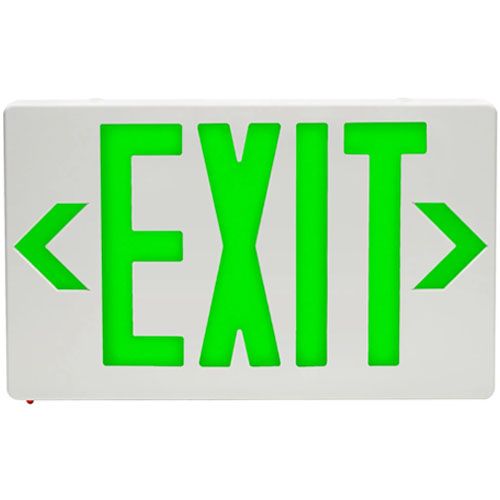 Patriot Lighting FWME-EM-G-1-WH Thermoplastic Exit Sign, Battery Backed, Green, Single Face with Canopy; Damp location listed; Super bright, long-life LEDs; Quick-connect components; Snap-on canopy for easy installation; Sealed external momentary test switch and dual-diagnostic LED indicator display AC status and Hi-Charge status; UPC (PATRIOTFWMEEMG1WH PATRIOT LIGHTING FWME-EM-G-1-WH THERMOPLASTIC Green SINGEL BATTERY)