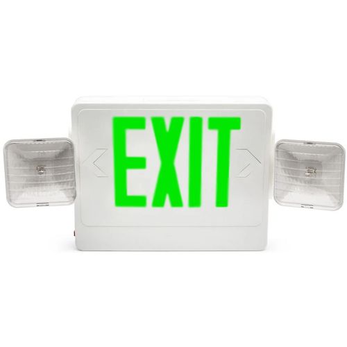 Patriot Lighting SBOC-EM-G-U-WH Thermoplastic Combination Exit/Emergency Light, Battery SBOC Backed, Green, Universal, 1 Watt Square Head; 2 fully-adjustable watt lamp heads; Snap together, quick-fit installation with field selectable chevron directional indicators; Long life, high intensity LED array available in red; Damp location standard; Dimensions: 20.83