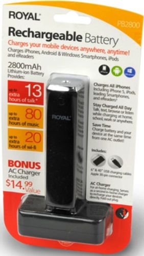 Royal PB2800B Rechargeable Battery, Black; Charges all iPhones, Samsung Galaxy, Motorola, HTC, BlackBerry, Nokia, leading Android and Windows-based Smartphones, iPods, eReaders, MP3 players and more; Up to 13 hours of extra talk time; Up to 80 hours of extra music; Up to 20 hours of extra wi-fi; UPC 022447391404 (PB-2800B PB 2800B PB2800 39140X)