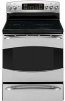 GE General Electric PB969SPSS Profile Freestanding Electric Range with 6.5 cu. ft. Total Oven Capacity, 30" Size, Auto Self-Clean Latch, Super-Large 5.3 cu. ft.; Baking Drawer 1.2 cu. ft. Oven Capacity, 3 Heavy-Duty, Self-Clean Self-Clean Oven Racks, Black Ceramic-Glass Cooktop, 1 - 3,000 W - 12"/9" - 6" Tri-Ring Element, 2 - 1,800 W - 7" Ribbon Heating Element, QuickSet VI QuickSet Oven Controls, Stainless Steel with Black Accents Color (PB969SP-SS PB969SP SS PB969SP PB-969SP PB 969SP) 