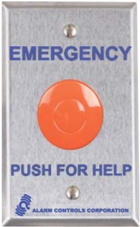 Alarm Controls PBM-1 Large 1 1/2 in Red Mushroom Button, Mounted on S.G.S.S Plate; Red 1.5 inch diameter mushroom button; Silkscreened emergency push for help ; Switch action is momentary; One N/O and one NC Contacts rated 10 A. @ 35 VDC or 120 VAC; One normally-open and one normally-closed contact; Plate Size 2.75 W x 4.5 H; Guard ring is available to protect mushroom button; UPC 604840964005  (PBM-1 PB-M1 PBM1)