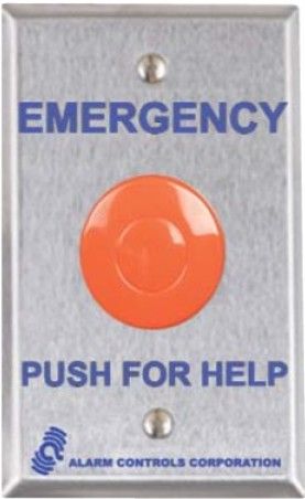 Alarm Controls PBM5 Large 1 1/2 in Red Mushroom Button, Mounted on S.G.S.S Plate; Red 1.5 inch diameter mushroom button; Silkscreened emergency push for help ; Switch action is momentary; One normally-open (N/O) Contact rated 10 A. @ 35 VDC or 120 VAC; Plate Size 2.75 W x 4.5 H; Guard ring is available to protect mushroom button; Depth behind plate is two inches; UPC 604840456234 (PBM-5 PB-M5 PBM5)