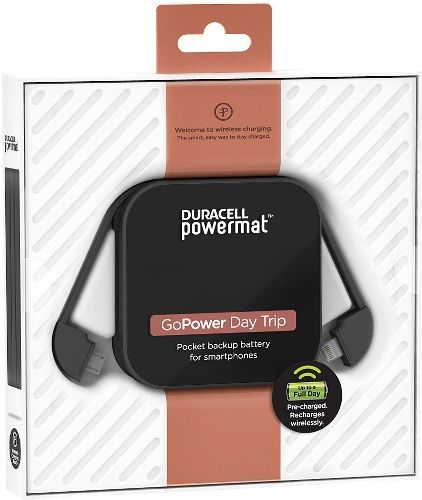 Duracell Powermat PBRLB1 GoPower 1850mAh Day Trip Universal Portable Battery, Up to a full extra phone charge to power you through your day, Compact enough to fit your pocket or your handbag and comes with integrated Apple Lightning & micro USB connectors, Battery charges via USB or wirelessly on any PowerMat, UPC 041333664279 (PB-RLB1 PBR-LB1 PBRL-B1 PBRLB-1)
