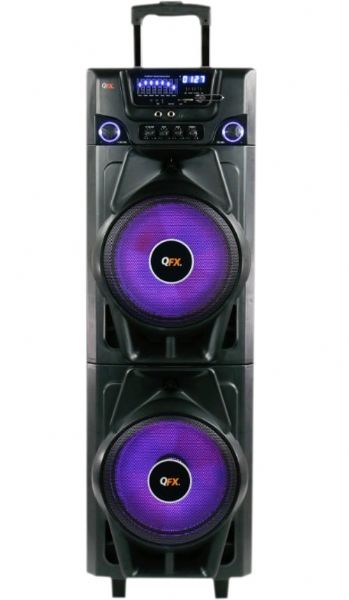 QFX PBX-1121000 Battery Powered Bluetooth PA Party Speakers, Black, Disco Light, FM Radio, USB/SD, RCA Input, Guitar Input, Remote Control, Microphone Input, 3.5mm Line-In, Aux-In, 7 Band Equalizer, Handle & Caster Wheels, 2x10