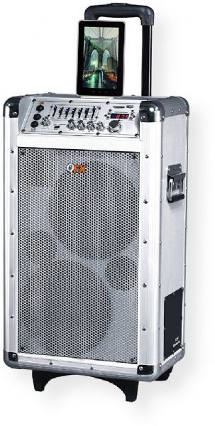 QFX PBX-3081BT Portable Battery Powered Bluetooth Party Speaker, Silver, Maximum Power 6000 Watt PMPO, Unidirectional Dynamic Microphone Included, USB/SD Player with Remote Control, LCD Display, FM Radio, Detachable Antenna, 7 Band Equalizer, Metal Grill Covered Speakers, 2 Microphone Input, Guitar Input, 3.5mm Line-In Input, UPC 606540017869 (PBX3081BT PBX 3081BT)