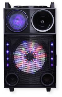 QFX  PBX-31120 Rechargeable Battery Powered Bluetooth Pa Speaker; Black; Compatible with Bluetooth devices; FM radio and USB player with remote control; Class D amplifier with 12 inch woofer; 3 microphone inputs; Handle and wheels makes it easy to transport; UPC 606540033395 (PBX-31120 PBX31120 PBX-31120SPEAKER PBX31120-SPEAKER PBX-31120QFX PBX31120-QFX) 