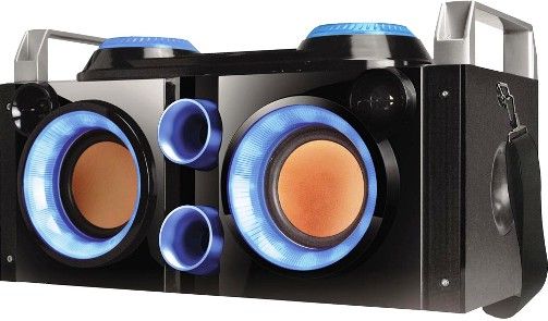 QFX PBX-505200BTBLU Battery Powered Party PA System/Bombox, Blue, 50W RMS Power, FM Radio, USB/SD Recording, USB/SD Player with Remote Control, USB can charge USB devices, LED Disco Light, 2 Microphone Input, Microphone Included, AUX-In, RCA Input, Handle, Strap, 2x5