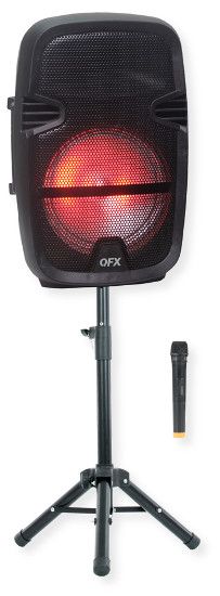 QFX PBX-61087 Portable Party Speaker Wireless Microphone and Stand Included; Black; USB/TF Player with Remote Control; Bass and Treble Control; Metal Grill Covered Speakers; 8