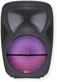 QFX PBX-61155 Portable Party Speaker; Black; FM radio and USB/SD Player with remote control; 15 inch woofer with RGB LED moon light is protected with a metal grill cover; Bonus tri pod stand is included; Microphone and guitar input and RCA in/output; Built-in 12 volts 7.5 Amperes-Hour rechargeable battery; UPC 606540031322 (PBX61155 PBX-61155 PBX-61155SPEAKER PBX-61155-SPEAKER PBX-61155QFX PBX61155-QFX) 