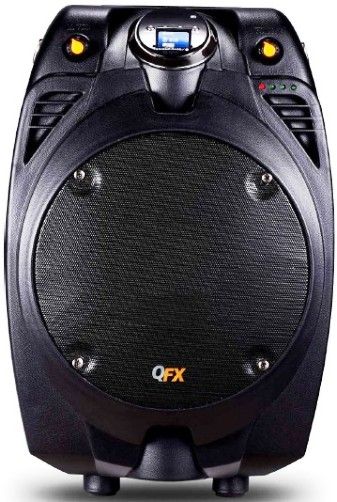 QFX PBX-706100BT-BK Portable Tailgate Battery Powered Bluetooth PA Speaker, Black, USB/SD Player with Remote Control, FM Radio, Metal Grill Covered Speakers, Guitar/Microphone Input, AUX-In, Handle, Strap, 6.5