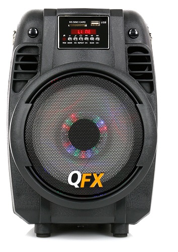 QFX PBX710700BTL Portable Tailgate Speaker; USB/SD Player with Remote Control; FM Radio; Metal Grill Covered Speakers; Guitar/Microphone Input; AUX-In; Handle; Strap; 6.5