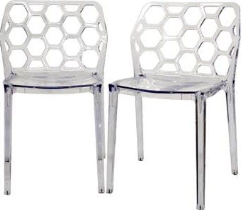 Wholesale Interiors PC-454-CLEAR Honeycomb Clear Acrylic Modern Dining Chair, Contemporary dining chair, Transparent Clear Lucite chair - acrylic, Honeycomb cut-out design, Stackable, Made from a single mold, Black plastic non-marking feet, Sold as a set of two chairs, UPC 847321001619 (PC454CLEAR PC-454-CLEAR PC 454 CLEAR PC454 PC-454 PC 454)