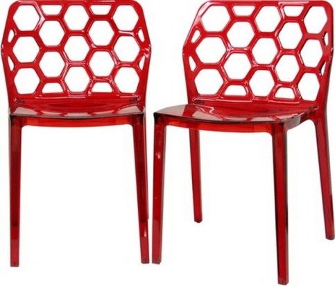 Wholesale Interiors PC-454-RED Honeycomb Red Acrylic Modern Dining Chair, Contemporary dining chair, Transparent red Lucite chair - acrylic, Honeycomb cut-out design, Stackable, Made from a single mold, Black plastic non-marking feet, Sold as a set of two chairs, UPC 847321001602 (PC454RED PC-454-RED PC 454 RED)