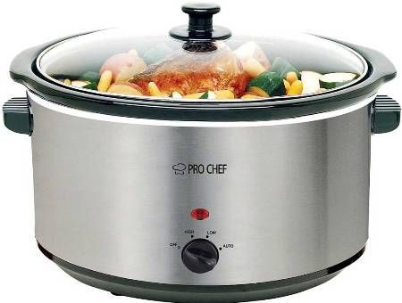 Pro Chef PC850 Oval Stainless Steel Slow Cooker with Auto Mode and Cool Touch Handles; 8.5-qt capacity with tempered glass lid allows you to see how your meals progressing; 3 heat settings: high, low & auto; Dishwasher safe ceramic pot & lid; Cook & Serve removable ceramic pot; Ideal for cooking soups & casseroles; 120 Vac 60 Hz, 120v (PC-850 PC 850)