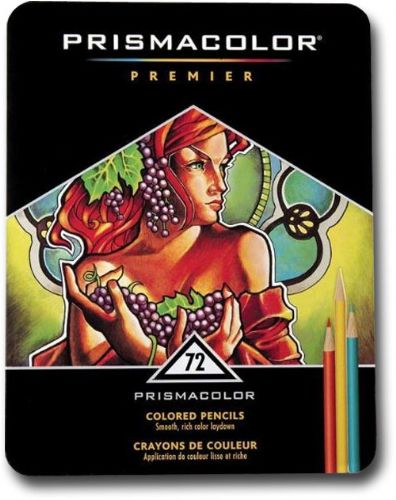 Prismacolor PC972 Premier Colored Pencil 72-Color Set; Thick, soft leads made with permanent pigments that are smooth, slow wearing, blendable, water-resistant, and extremely light-fast; Sets are conveniently packaged in tins for easy storage and transportation; Colors subject to change; Dimensions 8.1