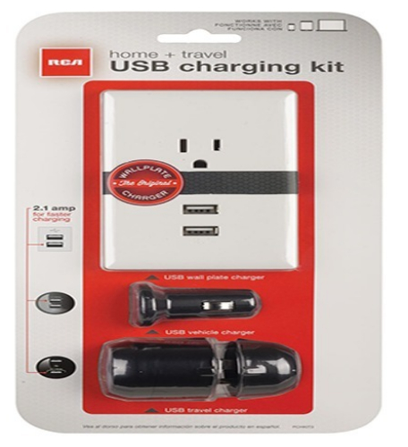 RCA PCHKIT3 Home + travel USB charging kit; Includes: USB wall plate charger, USB vehicle charger, and USB charger for home and travel; USB wall plate charger converts any outlet into 2 USB charging ports and 1 convenience AC outlet--just plug it in; USB vehicle charger lets you charge and power your smartphone while you drive; USB travel charger includes a protective cap that makes it easy and hassle-free to stow and go; UPC 044476115981 (PCHKIT3 PCHKIT3)