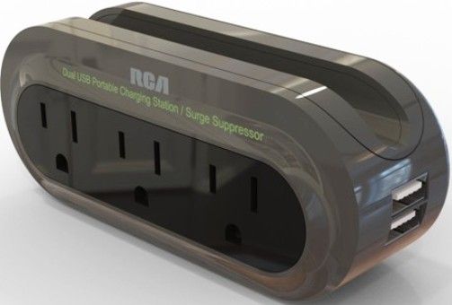 RCA PCHSTAT1R Travel Charging Station with Surge Protection, Trendy grey color, 2 USB ports accommodate a wide variety of electronics, Expand up to 3 AC outlets for other electronics, 450 joule surge protection, Charge devices such as iPhone, BlackBerry, iPod, Game Boy and small digital cameras (PCH-STAT1R PCHS-TAT1R PCH STAT1R PCHST-AT1R)
