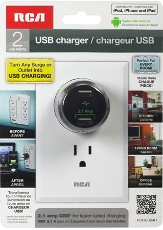 RCA PCHUSB4R USB Home/Travel Charger; Makes it easy to charge your cellphone, MP3 player or other portable device wherever you are; AC to USB adapter makes any AC outlet into a USB power outlet; Full-speed charging of 2 smartphones or 1 tablet; Converts any 100V AC outlet into 2 USB charging outlets; UPC 044476083990 (PCH-USB4R PCHUSB-4R PCH-USB-4R) 