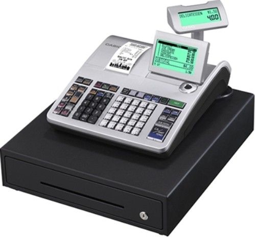 Casio PCR-T500 Thermal Cash Register, 25 depts / 200 with shift, 3, 000 PLUs / 4 tax tables, 40 clerks / dual displays, 4 bill / 5 coin drawer insert, Anti-bacterial keyboard, Receipt or journal tape, Customized logo printing, Electronic journal, UPC 079767509224 (PCRT500 PCR-T500 PCR T500)