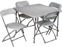 Office Star PCT-05 Folding Resin Card Table Set, 5 Piece, 1 1/2" thick high impact polyethylene Resin surface top, Light Gray finish top, Legs lock into underside of table and table folds in half, offering a smaller footprint for storing table and chairs, 29"H x 36"W x 36"L Table Dimensions, 34 1/2"H x 17 3/4"W 17 3/5"D Chair Dimensions, Light Gray Color (PCT 05 PCT05) 