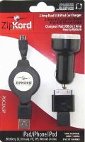 ZipKord PDC2A2IP Dual USB 2 Amp iPad Car Charger with Sync Cable, Charge iPad/iPhone/iPod with Retractable Sync & Charge Cable, Input 100 - 240 V AC, Output 5V 2Amp Shared, UPC 816281010443 (PDC-2A2IP PD-C2A2IP PDC2A-2IP) 