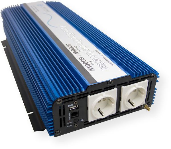 AIMS Power PE300012230S Pure Sine Inverter European 3000 Watt 12 VDC to 230 VAC; 3000 Watt continuous power; 6000 Watt surge; 12 Volt DC input; Pure sine wave; USB Outlet 2.1A; Efficiency of 90 percent; Short circuit protection; On and off switch; Dual cooling fans thermally controlled (PE3000-12230S PE-300012230S PE3000/12-230S PE3000-12-230S   AIMS-PE3000WATT)