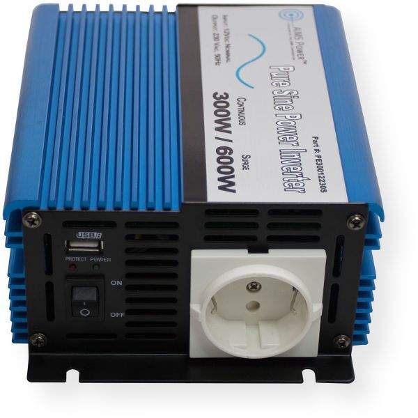AIMS Power PE60012230S Pure Sine Wave Inverter European 12 VDC to 220/230 VAC, 600 Watt; 600W continuous power; Pure sine wave; USB Port; Single AC receptacle; On and off switch; Over temperature indicator; Overload protection; Low battery voltage warning and shutdown; Alligator clips included 22