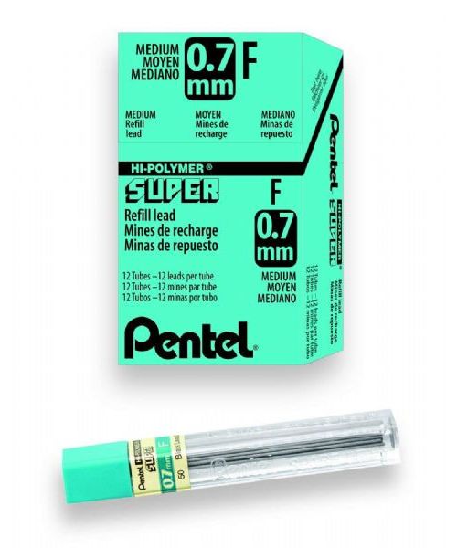 Pentel 50-7-HB/BX Super Lead .7mm HB, 12  Leads Tubes Pack; For paper surfaces, formulated with polymer resin bonded to carbon and graphite particles that never need sharpening; These leads break less, last longer, write smoother, and produce dense black lines that resist smearing and fading; Dimensions 3.00