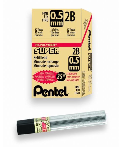Pentel C505-2B/BX Super Lead .5mm 2B, 12  Leads Tubes Pack; For paper surfaces, formulated with polymer resin bonded to carbon and graphite particles that never need sharpening; These leads break less, last longer, write smoother, and produce dense black lines that resist smearing and fading; Dimensions 3.00