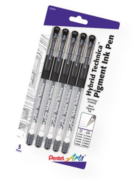 Pentel KN10BP5A Hybrid Technica Pigmented Archival Roller System Pens 5-Piece Set; Tungsten carbide roller tip guarantees a smooth, consistent line from the first drop of ink to the last; Pigmented ink is light-fast, bleed-proof, waterproof, and fade-resistant; Acid-free and archival safe ink is perfect for sketching, drawing, manga illustrations, and much more; Black ink; UPC 072512254042 (PENTELKN10BP5A PENTEL-KN10BP5A HYBRID-TECHNICA-KN10BP5A ARTWORK)