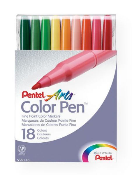 Pentel S360-18 Color Pen Marker 18-Color Set; Non-toxic, vibrant, water-based ink will not bleed through paper; Fine lines are perfect for small spaces and detail work; Durable bullet point, fiber tip pens are in a handy, reclosable carrying case for easy travel; Leak-proof, airtight cap prevents dry out; AP certified by ACMI; UPC 072512101353 (PENTELS36018 PENTEL-S36018 COLOR-PEN-S360-18 PENTEL/S36018 MARKER DRAWING)