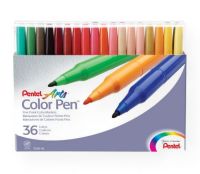 Pentel S360-36 Color Pen Marker 36-Color Set; Non-toxic, vibrant, water-based ink will not bleed through paper; Fine lines are perfect for small spaces and detail work; Durable bullet point, fiber tip pens are in a handy, reclosable carrying case for easy travel; Leak-proof, airtight cap prevents dry out; AP certified by ACMI; UPC 072512101377 (PENTELS36036 PENTEL-S36036 COLOR-PEN-S360-36 MARKER) 