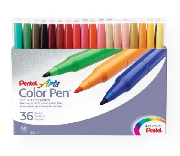 Pentel S360-36 Color Pen Marker 36-Color Set; Non-toxic, vibrant, water-based ink will not bleed through paper; Fine lines are perfect for small spaces and detail work; Durable bullet point, fiber tip pens are in a handy, reclosable carrying case for easy travel; Leak-proof, airtight cap prevents dry out; AP certified by ACMI; UPC 072512101377 (PENTELS36036 PENTEL-S36036 COLOR-PEN-S360-36 MARKER)