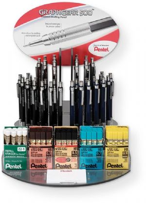Pentel GraphGear 500 PG520-96 Automatic Drafting Pencil Display Assortment; Contents 96 pieces: 18 pencils, 60 tubes of lead; Metallic mesh grip on a slim, beveled barrel promotes control when writing; 4mm tip design makes it ideal for use with rulers and templates; UPC 072512192719 (PG520-96 PG52096 PG-52096 PG-520-96 PENTELPG52096 PENTEL PG520-96) 