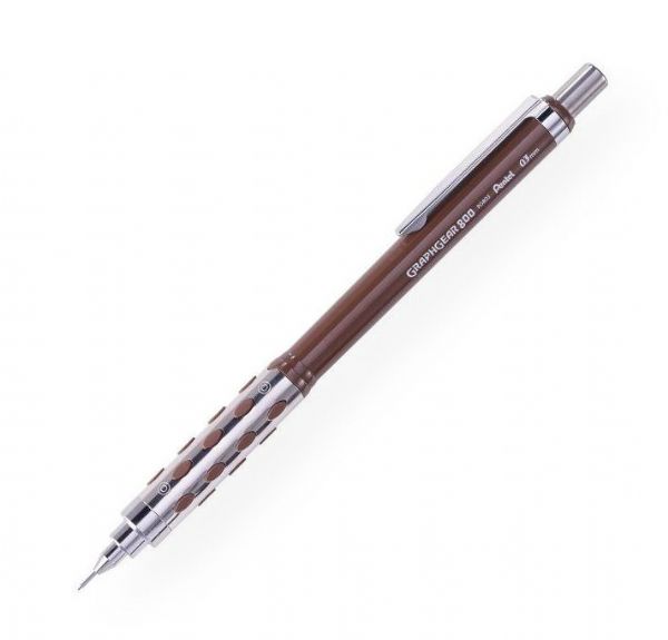 Pentel PG803E GraphGear 800 0.3 mm Brown Mechanical Drafting Pencil; Premium mechanical pencil features a metal grip inlaid with soft, latex-free pads; Barrel weight is perfectly balanced for more control when writing; Metal clip withstands repeated use; Cap conceals and protects eraser; 0.3 mm, brown; Shipping Weight 0.03 lb; Shipping Dimensions 0.5 x 0.5 x 5.62 in; UPC 884851016515 (PENTELPG803E PENTEL-PG803E GRAPHGEAR-800-PG803E ARCHITECTURE DRAFTING OFFICE)