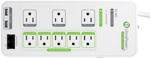UltraPower PG-805 Planet Green Energy Saving Multimedia Surge Protector, USB Remote On/Off Controller, 5 Energy Saving Outlets, 3 Always On Outlets for components that require it, 2 USB Charging Ports, RJ11 & RJ45 telephone and network protection, Energy Saver LED, Ground Fault LED, Always On LED, UPC 625889502515 (PG805 PG 805)