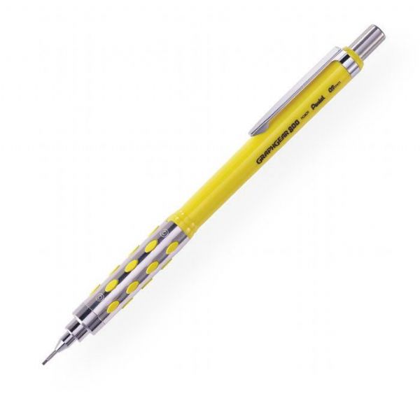 Pentel PG809G GraphGear 800 0.9 mm Yellow Mechanical Drafting Pencil; Premium mechanical pencil features a metal grip inlaid with soft, latex-free pads; Barrel weight is perfectly balanced for more control when writing; Metal clip withstands repeated use; Cap conceals and protects eraser; 0.9 mm, yellow; Shipping Weight 0.03 lb; Shipping Dimensions 0.5 x 0.5 x 5.62 in; UPC 884851016546 (PENTELPG809G PENTEL-PG809G GRAPHGEAR-800-PG809G ARCHITECTURE DRAFTING OFFICE)
