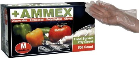 Ammex PGLOVE-500-M Food Service Polyethylene Gloves, Medium, Ambidextrous, Embossed, Heat Sealed Edges, 1.2g/pc, Powder Free, Latex Free, Pack of 500, UPC 697383934475 (PGLOVE500M PGLOVE-500-M PGLOVE 500 M)