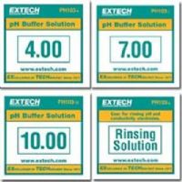 Extech PH103 Tripak Buffer Pouches (6 ea 4,7,10 pH & 2 Rinse solutions), Helpful table shows what the pH value should be vs. the temperature of the buffer solution measured, Convenient pouch eliminates the need for a cup to store buffer or rinsing solution, UPC 793950051030 (PH-103 PH 103) 