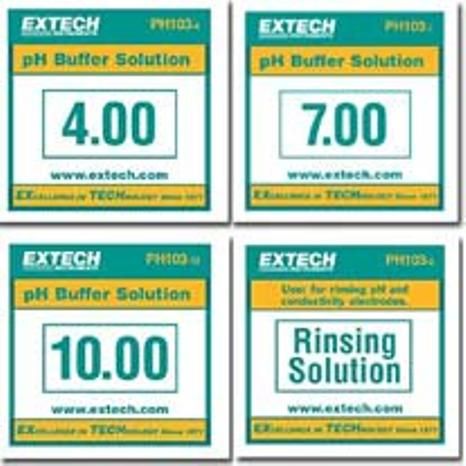 Extech PH103 Tripak Buffer Pouches (6 ea 4,7,10 pH & 2 Rinse solutions), Helpful table shows what the pH value should be vs. the temperature of the buffer solution measured, Convenient pouch eliminates the need for a cup to store buffer or rinsing solution, UPC 793950051030 (PH-103 PH 103)