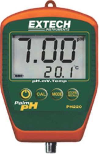 Extech PH220-C Waterproof Palm pH Meter with Cabled pH Electrode, Large LCD displays pH or mV and Temperature simultaneously, Microprocessor provides for Automatic Buffer recognition, Memory stores 25 readings, Automatic Temperature Compensation via Pt-100 sensor built into electrode (PH220C PH-220-C PH220 PH-220)