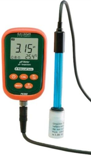 Extech PH300 Waterproof pH/mV/Temperature Kit, Waterproof housing (meets IP57), Measures pH, mV, and Temperature at your workbench or in the field, Automatic calibration (4, 7, and 10pH), Choice of 3 point calibration for better accuracy, Automatic Temperature Compensation, Memory stores up to 200 readings with series number, measured value and temperature, UPC 793950153000 (PH-300 PH 300)