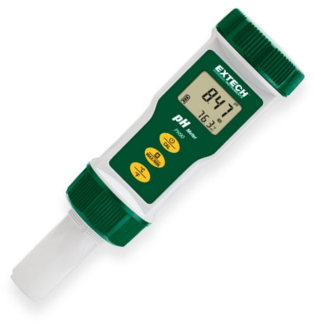 Extech PH90 Waterproof pH Meter; Rugged replaceable flat surface pH electrode for quick on the spot pH measurements; Simultaneous display of pH and Temperature; 2 or 3 point calibration automatically recognizes buffer solutions (order pH buffers separately); PTS (percent of slope) tells you when its time to replace your electrode (below 70 percent or above 130 percent); UPC 793950150900 (PH90 PH-90 METER-PH90 EXTECHPH90 EXTECH-PH90 EXTECH-PH-90)