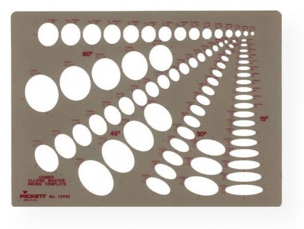 Pickett 1269I Combination Ellipse Master Template; Contains four projections of 15, 30, 45, and 60; Size range from .125