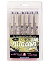 Pigma 30063 Micron Fine Line Design Pen 6 Color Pack .25mm; True color reproduction; Acid free ink, waterproof, water based, has no odor, will not smear nor feather when dry and will not bleed through most papers; Use for sketching, pen and ink illustrations, awards, freehand art, calligraphy, as well as general letter writing and legal documents; AP nontoxic; Dimensions 7.00 x 4.00 x 0.12 in; Weight 0.15 lbs; UPC 053482300632 (PIGMA30063 PIGMA-30063 MICRON-30063 PEN DRAWING SKETCHING) 
